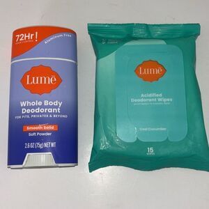 New Lume Whole Body Deodorant full size + Acidified Deo Wipes (15)  LOT